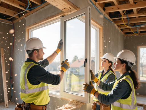 Quality control inspection area with workers examining finished window products using measuring instruments