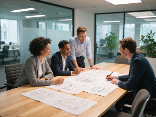 Professional team meeting in modern conference room discussing project plans and technical specifications