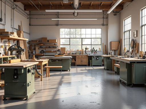 Interior workshop view showing skilled craftsmen working on window frames with precision tools and equipment